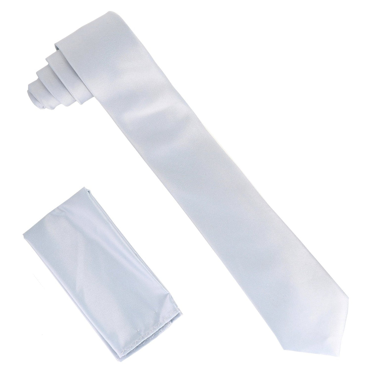 Vittorio Farina Solid Satin Skinny Necktie &amp; Pocket Square by Classy Cufflinks - NH_SKINNY_SILVER - Classy Cufflinks