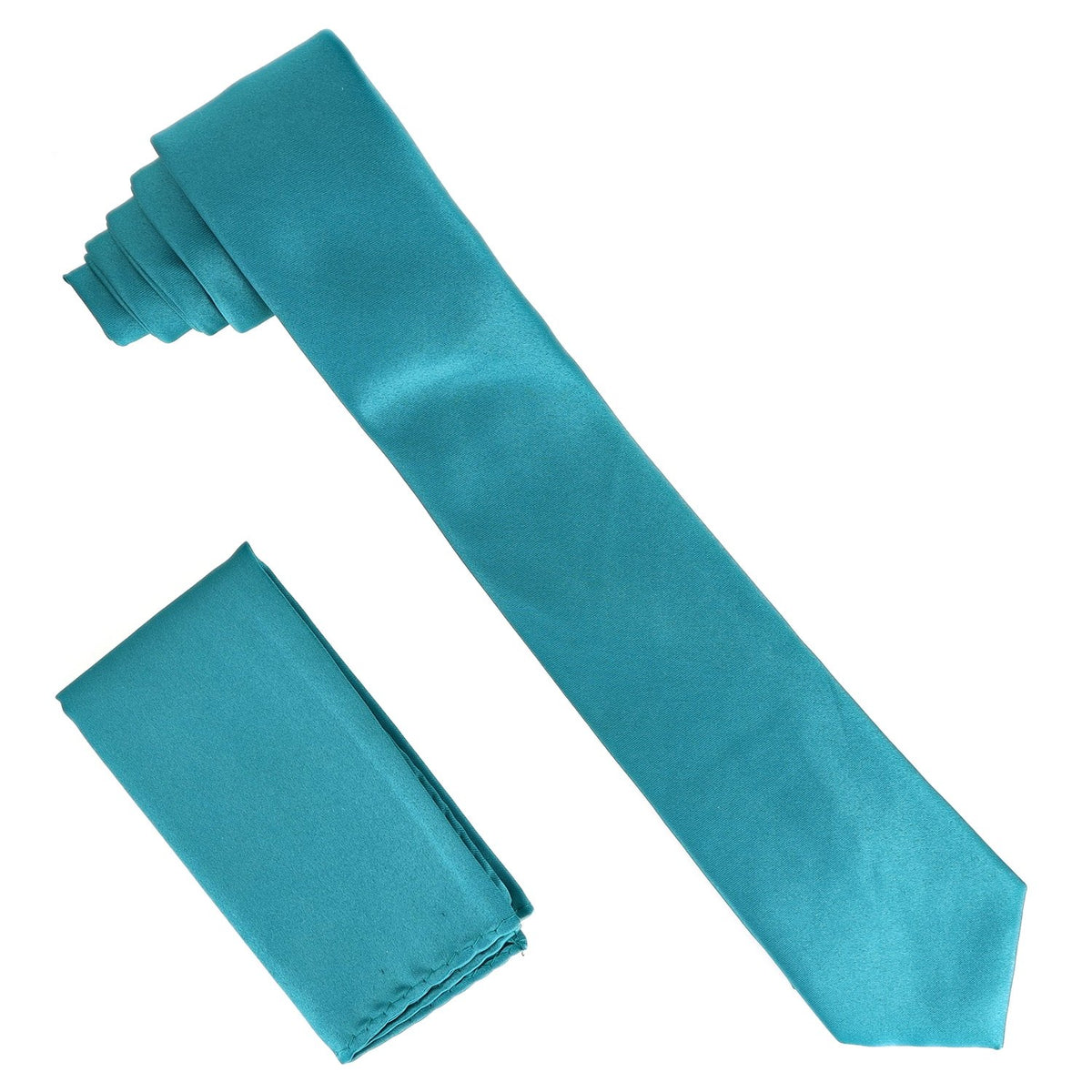 Vittorio Farina Solid Satin Skinny Necktie &amp; Pocket Square by Classy Cufflinks - NH_SKINNY_TEAL - Classy Cufflinks