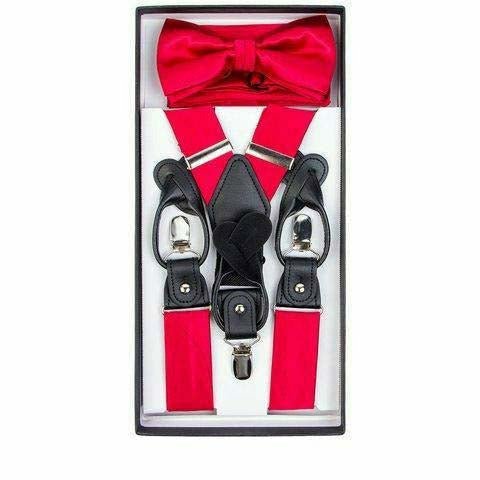 Vittorio Farina Men's Clip End Suspender, Bow Tie and Pocket Square Set with Silver Hardware in Gift Box: 70% Polyester &amp; 30% Elastomer