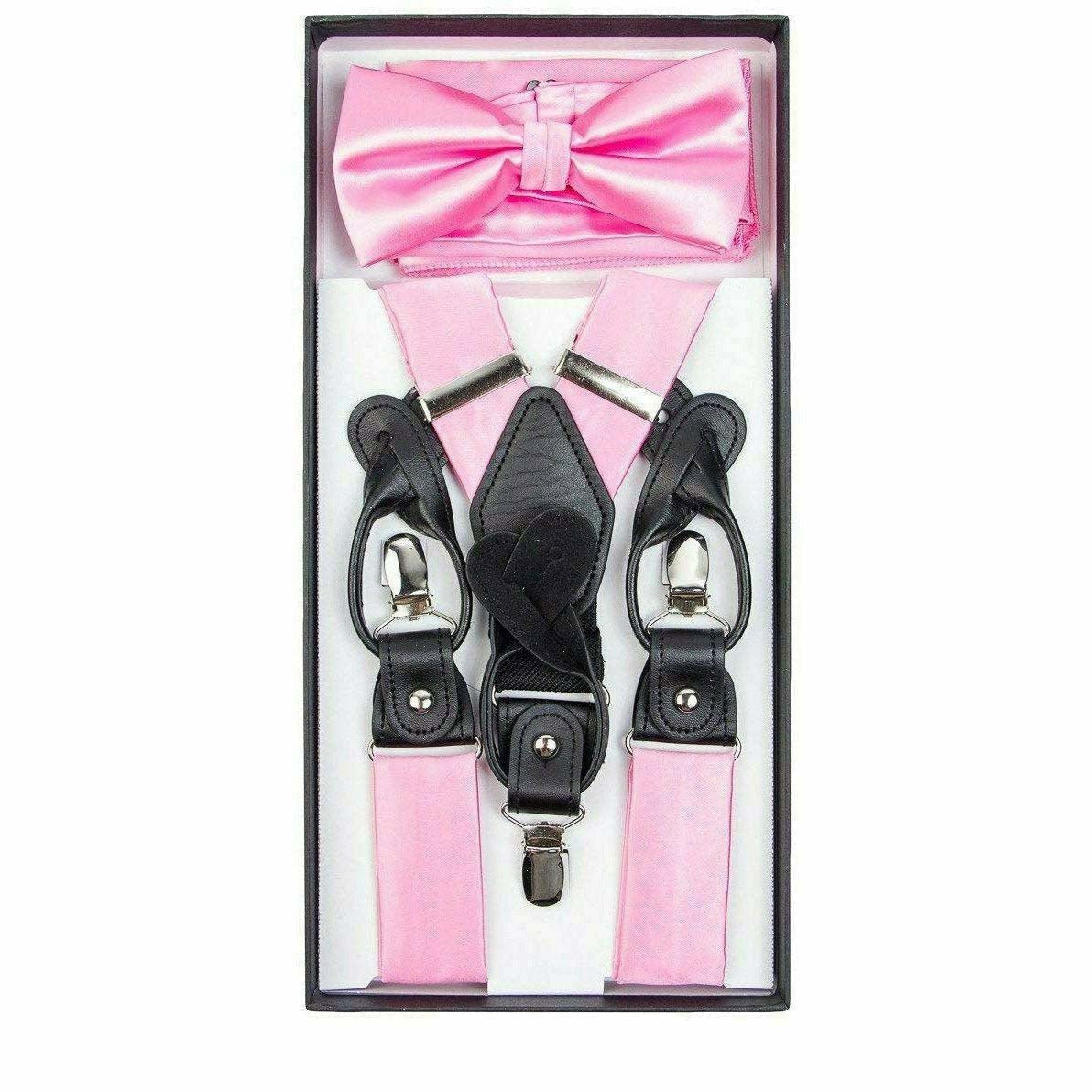 Vittorio Farina Men's Clip End Suspender, Bow Tie and Pocket Square Set with Silver Hardware in Gift Box: 70% Polyester &amp; 30% Elastomer