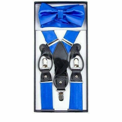 Vittorio Farina Men's Clip End Suspender, Bow Tie and Pocket Square Set with Silver Hardware in Gift Box: 70% Polyester &amp; 30% Elastomer