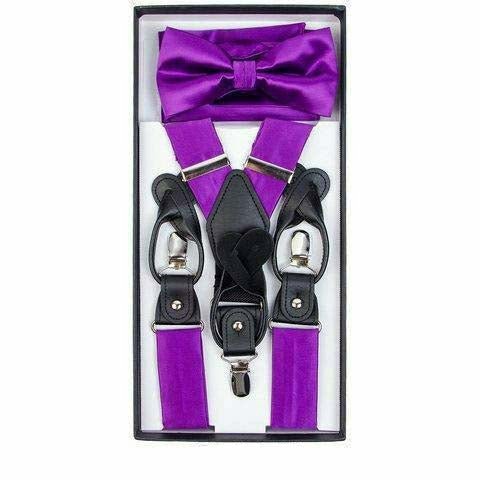 Vittorio Farina Men's Clip End Suspender, Bow Tie and Pocket Square Set with Silver Hardware in Gift Box: 70% Polyester &amp; 30% Elastomer