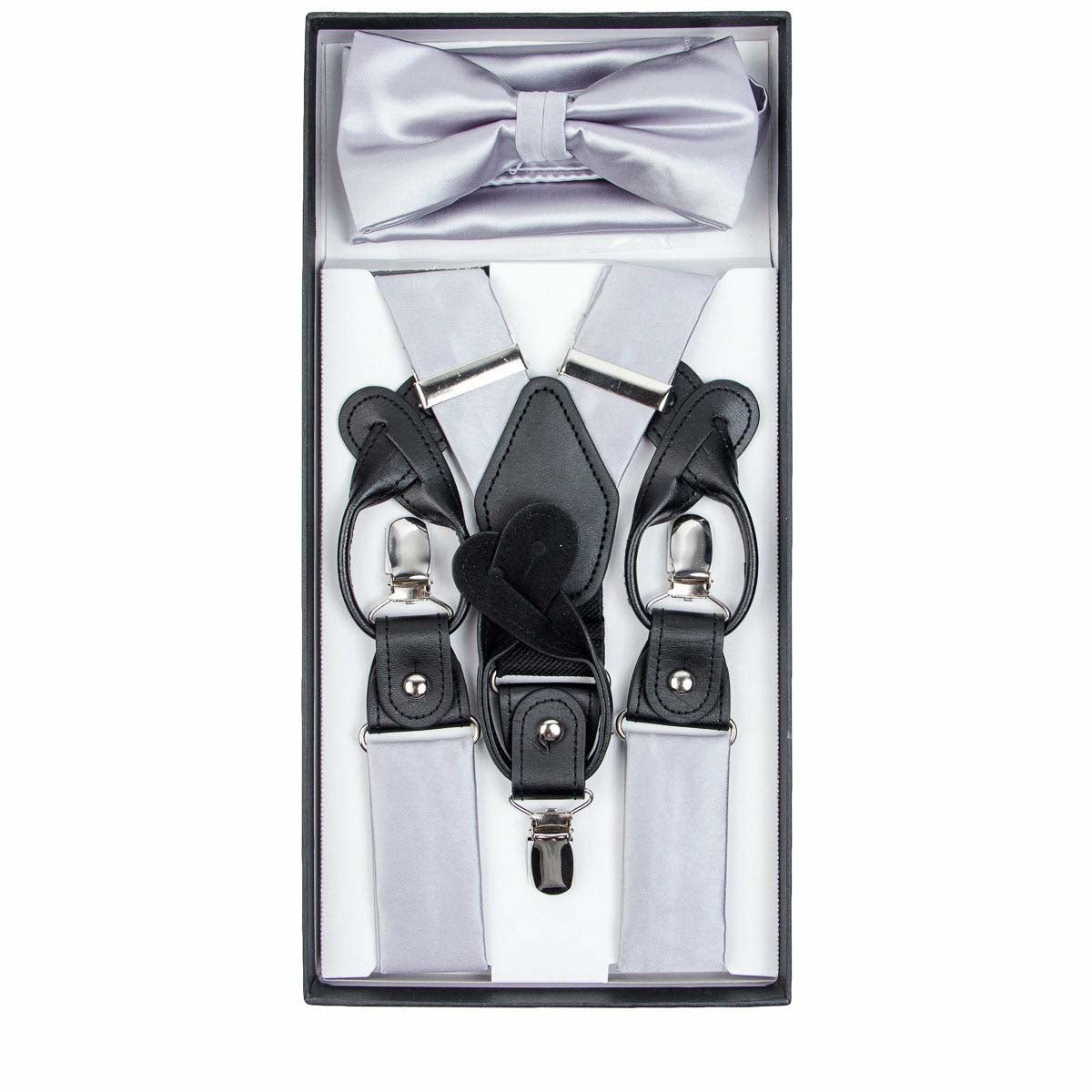 Vittorio Farina Men's Clip End Suspender, Bow Tie and Pocket Square Set with Silver Hardware in Gift Box: 70% Polyester &amp; 30% Elastomer