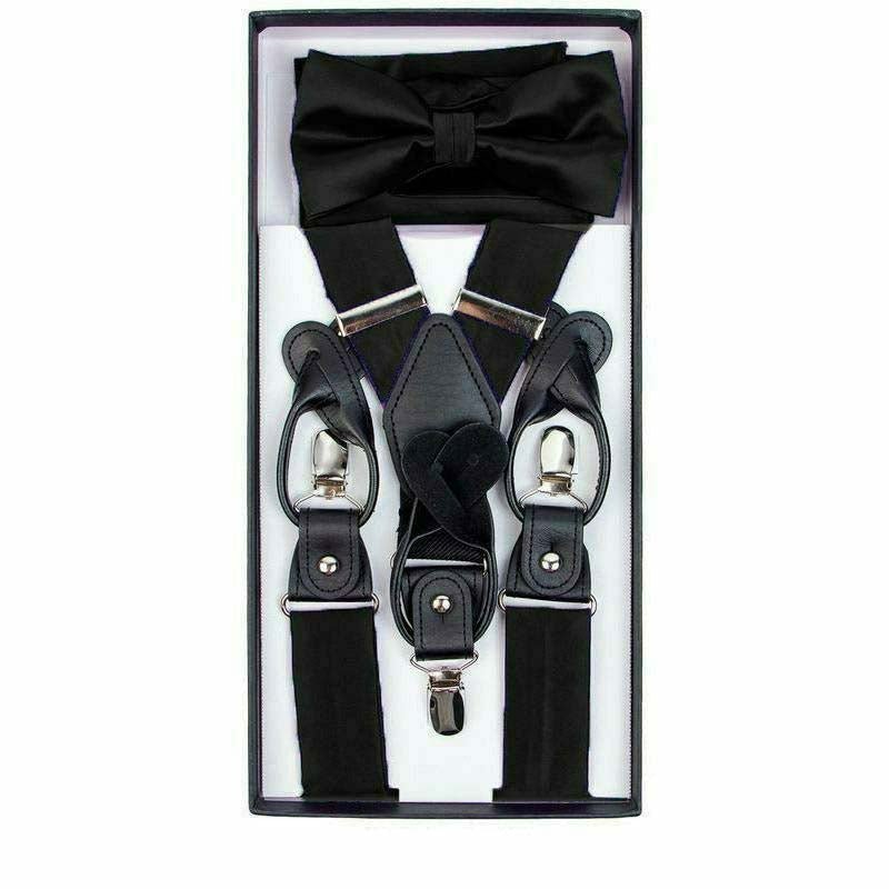 Vittorio Farina Men's Clip End Suspender, Bow Tie and Pocket Square Set with Silver Hardware in Gift Box: 70% Polyester &amp; 30% Elastomer